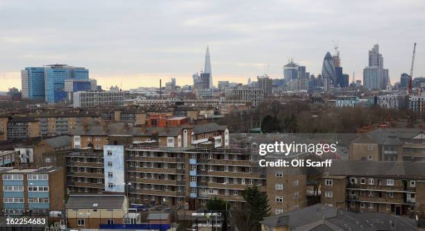 Residential developments in the London borough of Tower Hamlets on February 21, 2013 in London, England. A recent study has shown that 42 per cent of...