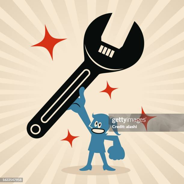 a confident woman holding a big wrench - technical college stock illustrations