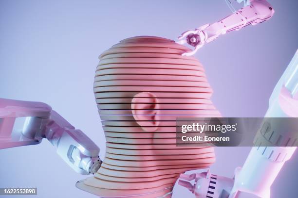 3d sliced cyborg head made of by robotic arms - robotics alive stock pictures, royalty-free photos & images