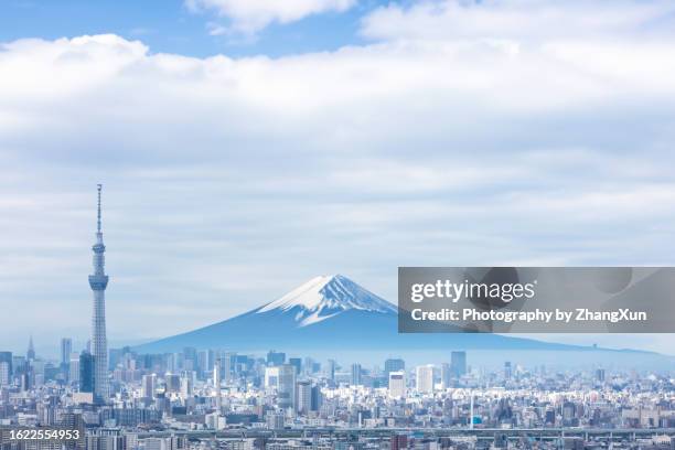 tokyo skyline aerial view in the morning, japan. - mt fuji stock-fotos und bilder