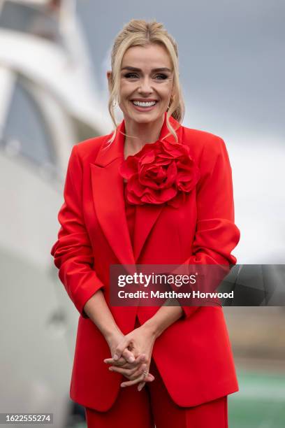 Katherine Jenkins looks on as she arrives at HMS Express as she is named as the sponsor of HMS Cardiff on August 25, 2023 in Cardiff, United Kingdom....