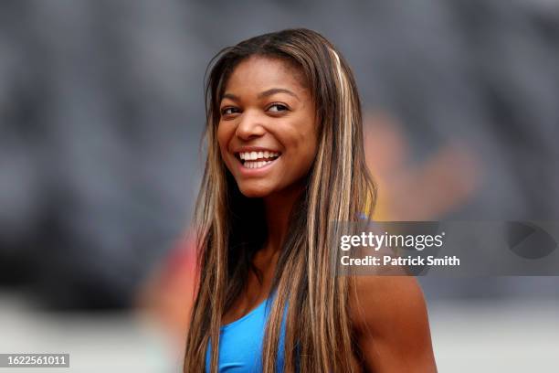 Gabrielle Thomas of Team United States reacts during a training session ahead of the World Athletics Championships Budapest 2023 at National...