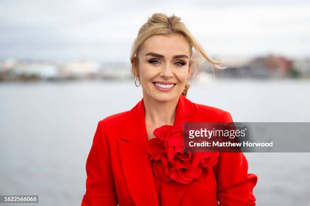 Katherine Jenkins looks on from HMS Express as she is named as the sponsor of HMS Cardiff on August 25, 2023 in Cardiff, United Kingdom. Singer...