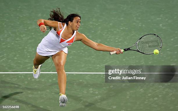 Marion Bartoli of France in action against Caroline Wozniacki of Denmark during day four of the WTA Dubai Duty Free Tennis Championship on February...