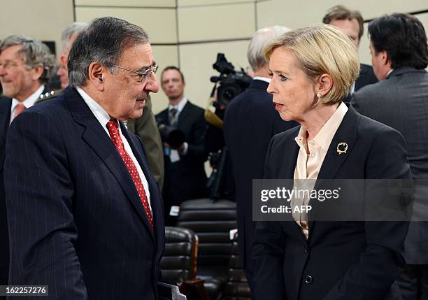 Secretary of Defence Leon Panetta speaks with Norway Defence minister Anne-Grete Strom-Erichsen prior to the North Atlantic Council meeting of...