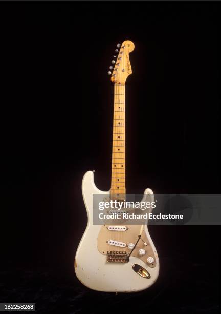 Studio still life of a 1954 Fender Stratocaster guitar, serial number 0001, owned by David Gilmour of Pink Floyd.