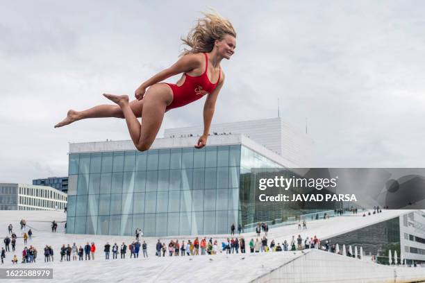 Asbjørg Nesje from Norway is a participant and trains in front of the Opera House in Oslo, Norway, on August 25 one day before the 2023 World...