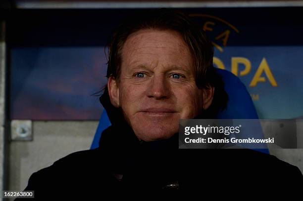 Head coach Mario Been of Genk looks on prior to the UEFA Europa League Round of 32 second leg match between KRC Genk and VfB Suttgart at Cristal...