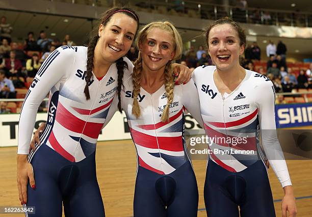 Dani King, Laura Trott and Elinor Barker of Great Britain celebrate winning the Women's Team Pursuit during day two of the UCI Track World...