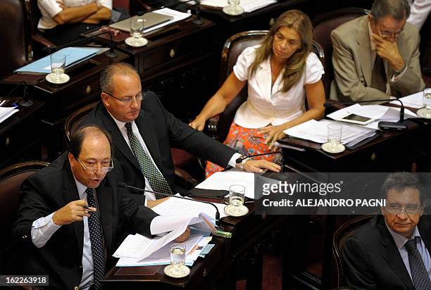 Argentine senator for the Radical Civic Union Party, Ernesto Sanz , speaks during a session of the Argentine senate in Buenos Aires on February 21 as...