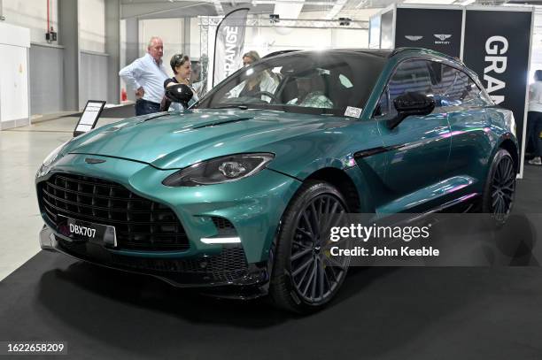 An Aston Martin DBX 707 luxury SUV is displayed during the British Motor Show at Farnborough International Exhibition Centre on August 17, 2023 in...