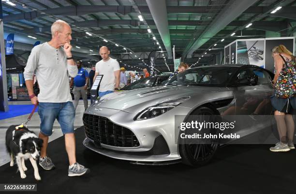 An Aston Martin DB12 is displayed during the British Motor Show at Farnborough International Exhibition Centre on August 17, 2023 in Farnborough,...