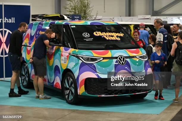 Volkswagen ID. BUZZ is displayed during the British Motor Show at Farnborough International Exhibition Centre on August 17, 2023 in Farnborough,...