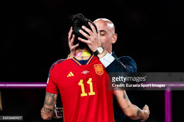 President of the Royal Spanish Football Federation Luis Rubiales kisses Jennifer Hermoso of Spain during the medal ceremony of FIFA Women's World Cup...
