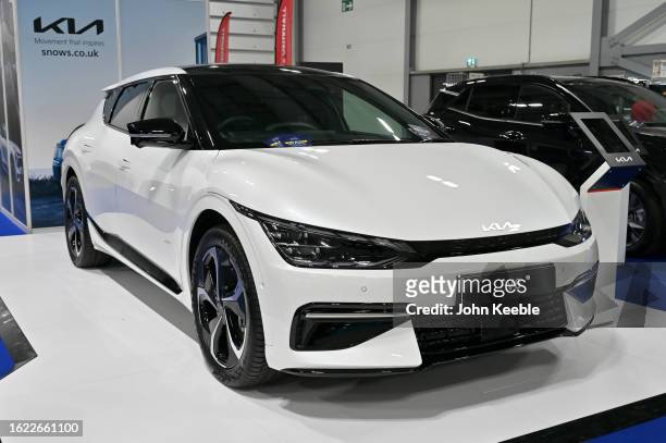 Is displayed during the British Motor Show at Farnborough International Exhibition Centre on August 17, 2023 in Farnborough, England. The...