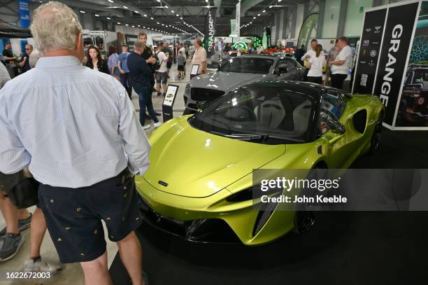 McLaren Artura hybrid supercar is displayed during the British Motor Show at Farnborough International Exhibition Centre on August 17, 2023 in...