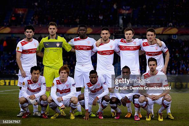 Stuttgart players line up prior to the UEFA Europa League Round of 32 second leg match between KRC Genk and VfB Suttgart at Cristal Arena on February...