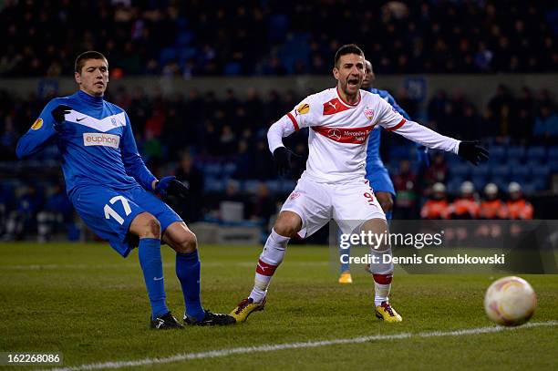 Vedad Ibisevic of Stuttgart reacts during the UEFA Europa League Round of 32 second leg match between KRC Genk and VfB Suttgart at Cristal Arena on...