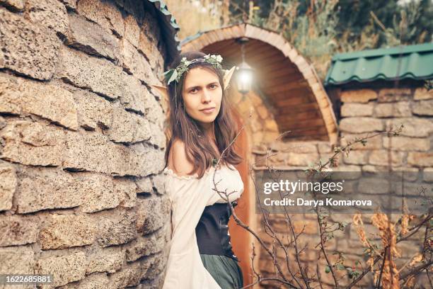 a fairy-tale elf near her house in the forest, a woman in a costume. medieval costume and elf ears for your story. book cover design with a copy space. - romance book covers fotografías e imágenes de stock