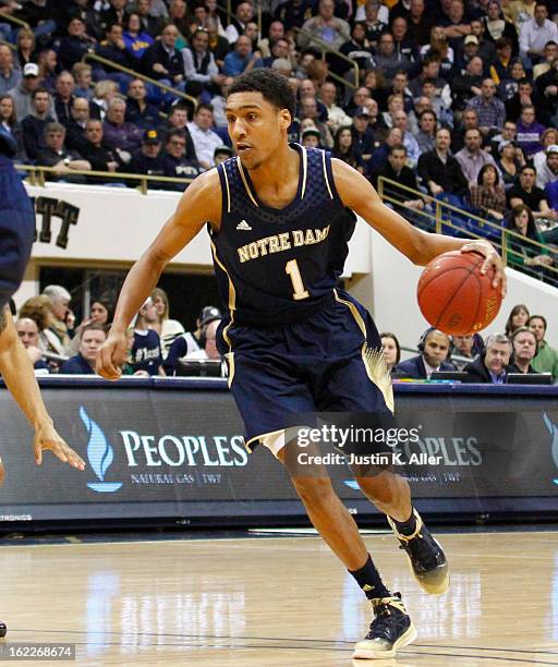 Cameron Biedscheid of the Notre Dame Fighting Irish handles the ball against the Pittsburgh Panthers at Petersen Events Center on February 18, 2013...