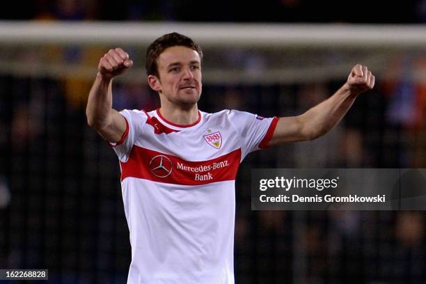 Christian Gentner of Stuttgart celebrates after scoring his team's second goal during the UEFA Europa League Round of 32 second leg match between KRC...