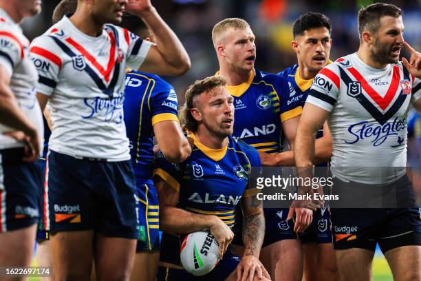 Bryce Cartwright of the Eels Looks at the screen after a try during the round 25 NRL match between Parramatta Eels and Sydney Roosters at CommBank...