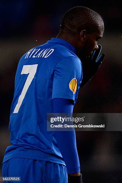 Khaleem Hyland of Genk reacts during the UEFA Europa League Round of 32 second leg match between KRC Genk and VfB Suttgart at Cristal Arena on...