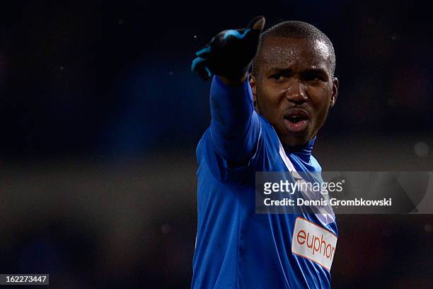 Khaleem Hyland of Genk reacts during the UEFA Europa League Round of 32 second leg match between KRC Genk and VfB Suttgart at Cristal Arena on...