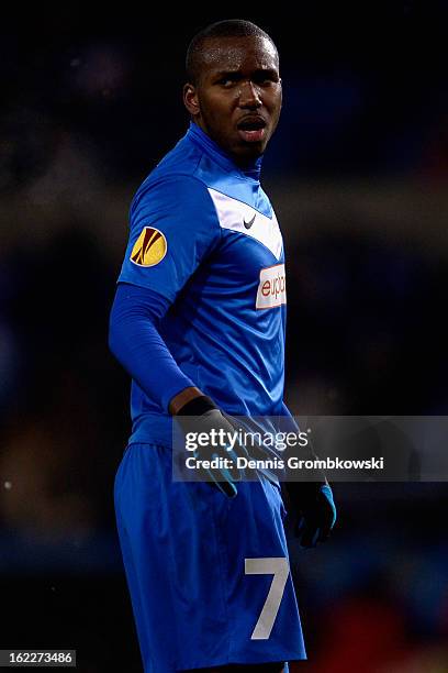 Khaleem Hyland of Genk reacts during the UEFA Europa League Round of 32 second leg match between KRC Genk and VfB Suttgart at Cristal Arena on...