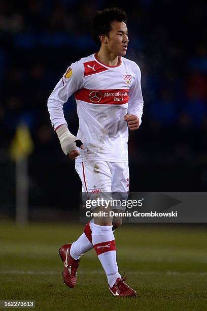 Shinji Okazaki of Stuttgart reacts during the UEFA Europa League Round of 32 second leg match between KRC Genk and VfB Suttgart at Cristal Arena on...