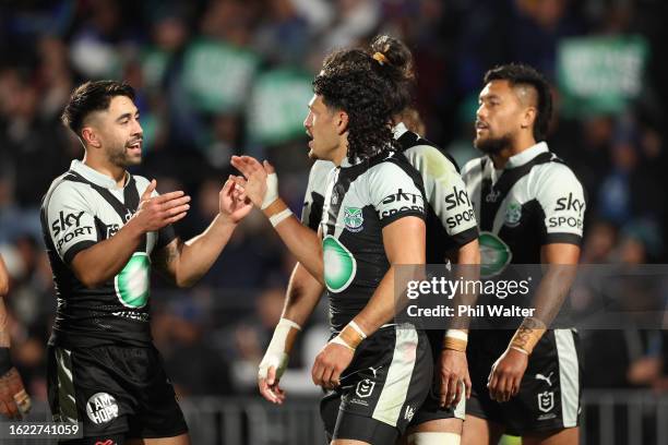 Dallin Watene-Zelezniak of the Warriors celebrates his try with Shaun Johnson during the round 25 NRL match between New Zealand Warriors and Manly...