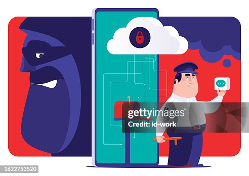 Security guard standing beside mailbox on smartphone while hacker hiding Security guard standing beside mailbox on smartphone while hacker hiding