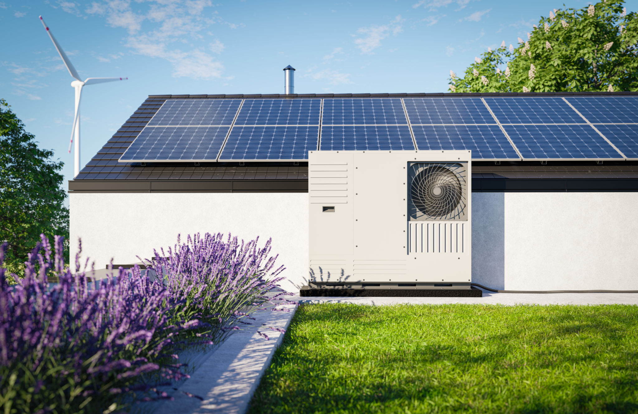 A heat pump with photovoltaic panels installed on the roof of a single-family house, along with a green roof covered in grass over the garage, forms an eco-friendly heating and air conditioning solution for the property A heat pump with photovoltaic panels installed on the roof of a single-family house, along with a green roof covered in grass over the garage, forms an eco-friendly heating and air conditioning solution for the property