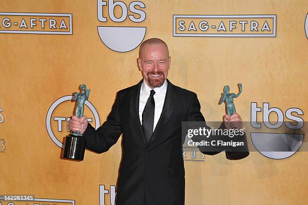 Actor Bryan Cranston poses backstage during The 19th Annual Screen Actors Guild Awards at The Shrine Auditorium on January 27, 2013 in Los Angeles,...