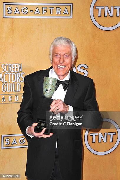 Actor Dick Van Dyke poses backstage during The 19th Annual Screen Actors Guild Awards at The Shrine Auditorium on January 27, 2013 in Los Angeles,...