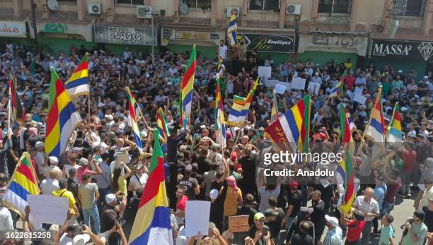People gather to protest against Bashar al-Assad regime in Al-Suwayda, Syria on August 25, 2023. Thousands of people gathered in Syria's Idlib,...