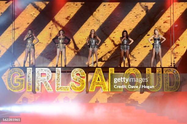 Kimberley Walsh, Nicola Roberts, Nadine Coyle, Cheryl Cole and Sarah Harding of Girls Aloud perform on stage on the first night of their "Girls Aloud...