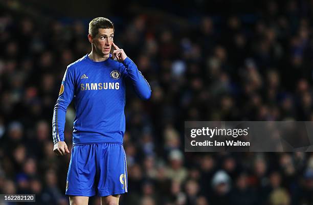 Fernando Torres of Chelsea gestures during the UEFA Europa League Round of 32 second leg match between Chelsea and Sparta Praha at Stamford Bridge on...