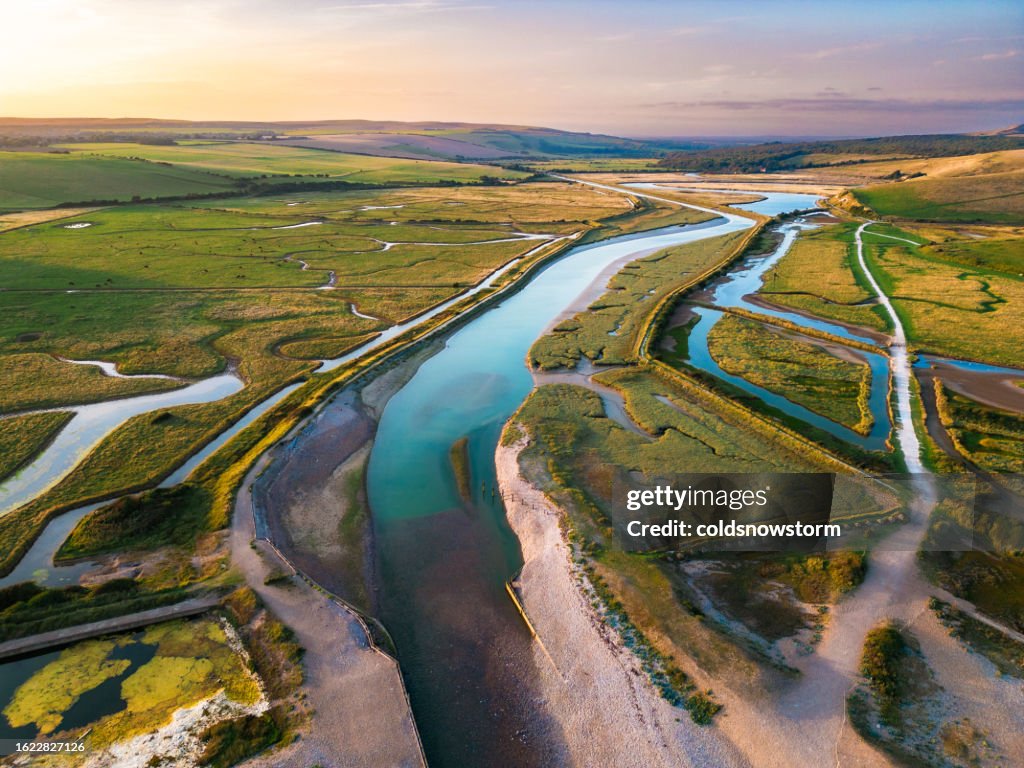 Aerial view of Cuckmere Haven in East Sussex, southeast England