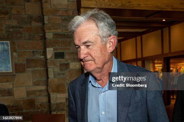 Jerome Powell, chairman of the US Federal Reserve, arrives for dinner during the Jackson Hole economic symposium in Moran, Wyoming, US, on Thursday,...