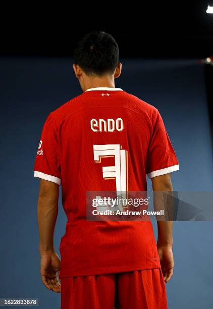 Wataru Endo new signing of Liverpool at AXA Training Centre on August 18, 2023 in Kirkby, England.