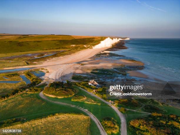aerial view of seven sisters cliffs at cuckmere haven on the south coast of england - coast guard stock pictures, royalty-free photos & images