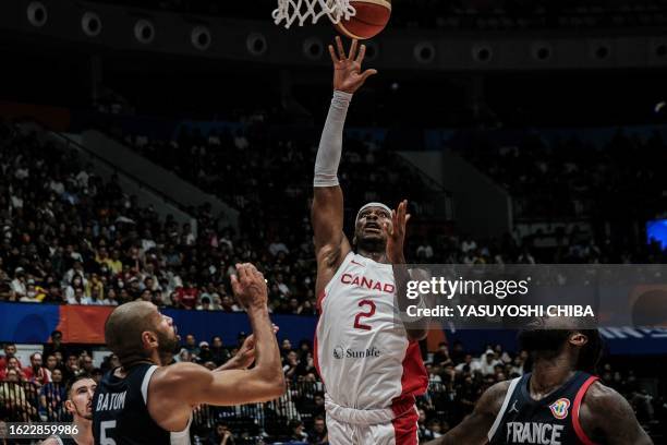 Canada's Shai Gilgeous-Alexander makes a shot during the FIBA Basketball World Cup group H match between Canada and France at Indonesia Arena in...