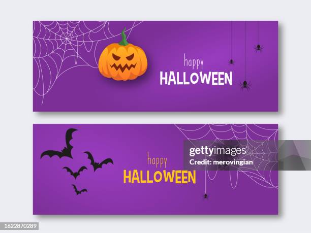 halloween banners with jack o'lantern - purple flyer background stock illustrations