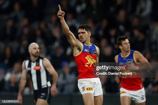 Charlie Cameron of the Lions celebrates kicking a goal during the round 23 AFL match between Collingwood Magpies and Brisbane Lions at Marvel...