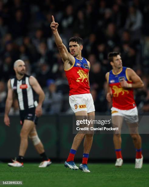 Charlie Cameron of the Lions celebrates kicking a goal during the round 23 AFL match between Collingwood Magpies and Brisbane Lions at Marvel...