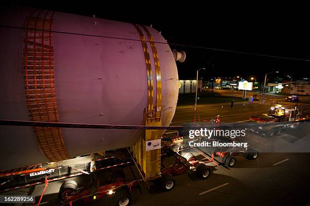 Steel coke drum travels on a trailer manufactured by Mammoet Salvage BV between Redondo Beach and El Segundo, California, U.S., on Wednesday, Feb....