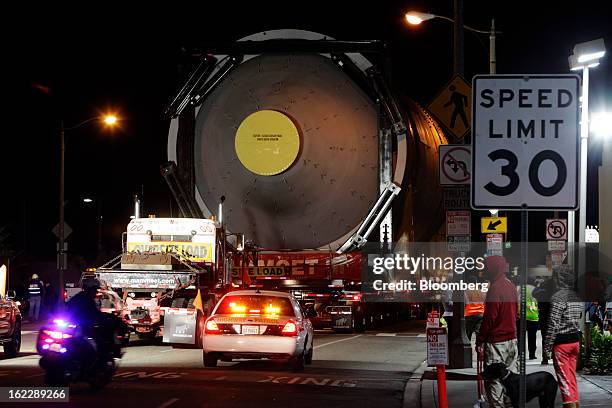 Steel coke drum travels on a trailer manufactured by Mammoet Salvage BV between Redondo Beach and El Segundo, California, U.S., on Wednesday, Feb....