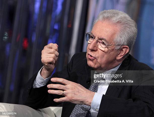 Italian Prime Minister Mario Monti during filming for the 'A Porta A Porta' TV Show on February 21, 2013 in Rome, Italy. Mario Monti, leader of a...