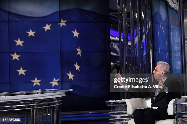 Italian Prime Minister Mario Monti during filming for the 'A Porta A Porta' TV Show on February 21, 2013 in Rome, Italy. Mario Monti, leader of a...